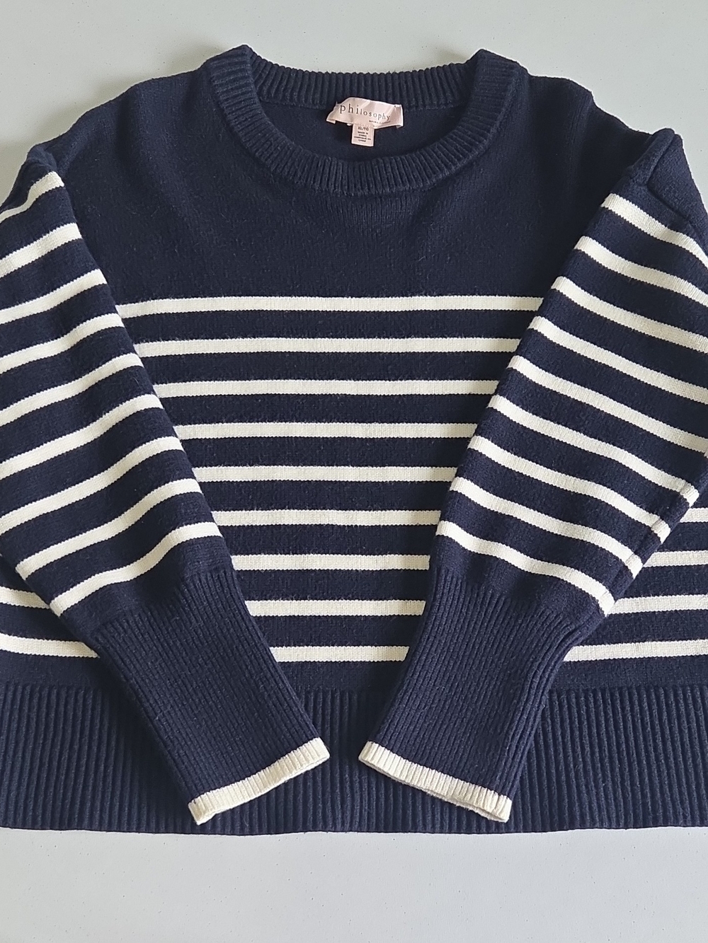 Philosophy Navy and White Striped Crewneck Sweater XL Coastal Nautical Preppy